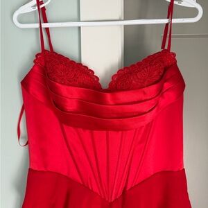 Red Lace-Trim Satin Prom Dress - Women Dresses Prom